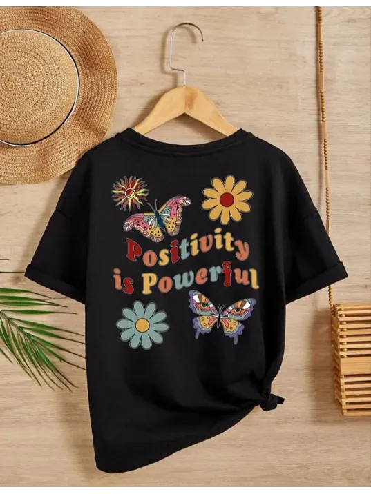 Kız Çocuk Bisiklet Yaka Baskılı T-Shirt - Siyah Kız Çocuk Bisiklet Yaka Baskılı T-Shirt - Siyah