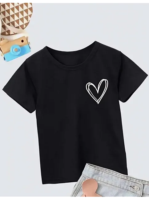 Kız Çocuk Bisiklet Yaka Baskılı T-shirt - Siyah