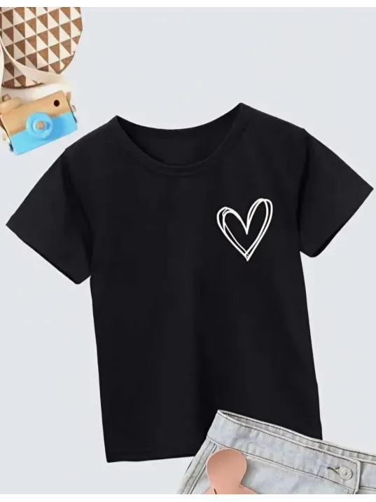 Kız Çocuk Bisiklet Yaka Baskılı T-Shirt - Siyah Kız Çocuk Bisiklet Yaka Baskılı T-Shirt - Siyah