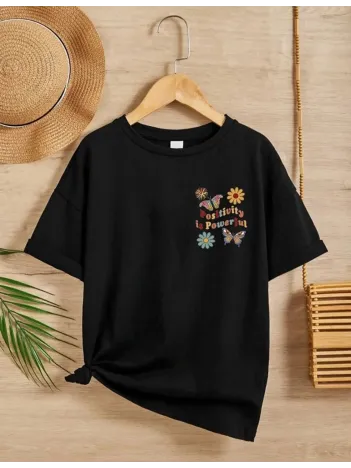 Kız Çocuk Bisiklet Yaka Baskılı T-Shirt - Siyah Kız Çocuk Bisiklet Yaka Baskılı T-Shirt - Siyah