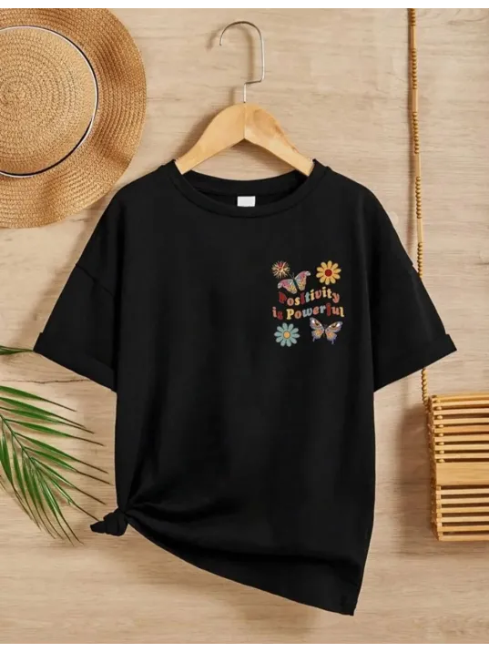 Kız Çocuk Bisiklet Yaka Baskılı T-Shirt - Siyah Kız Çocuk Bisiklet Yaka Baskılı T-Shirt - Siyah