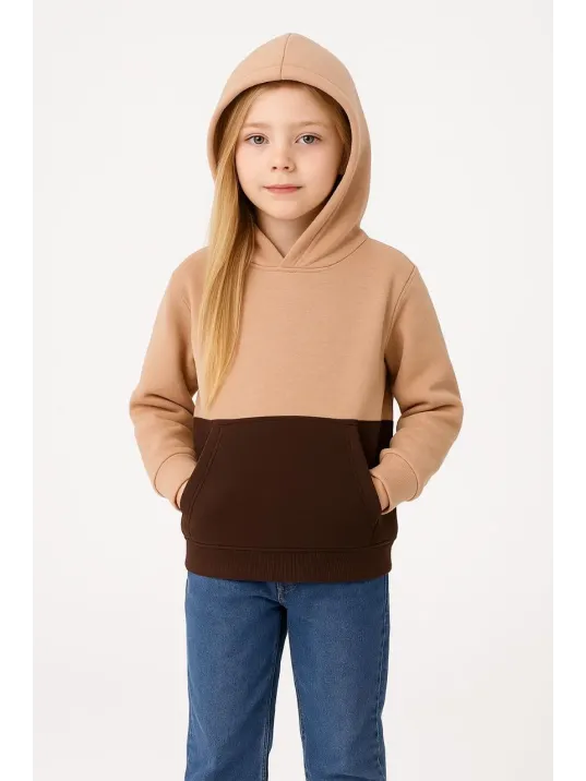 Kız Çocuk Kapüşonlu Kanguru Çepli Parçalı Sweatshirt - Renkli