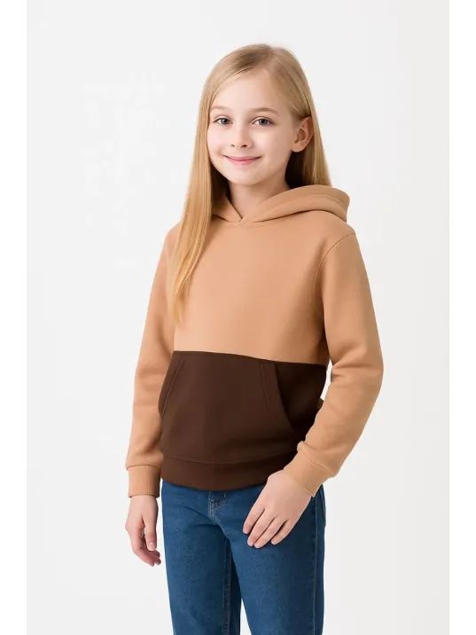 Kız Çocuk Kapüşonlu Kanguru Çepli Parçalı Sweatshirt - Renkli