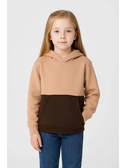 Kız Çocuk Kapüşonlu Kanguru Çepli Parçalı Sweatshirt - Renkli