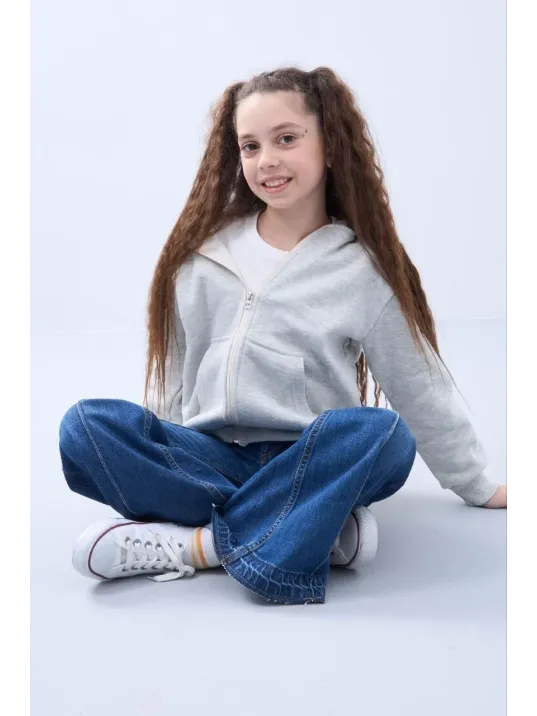 Kız Çocuk Kapüşonlu Kanguru Çepli Tam Fermuarlı Hırka SweatShirt - Gri