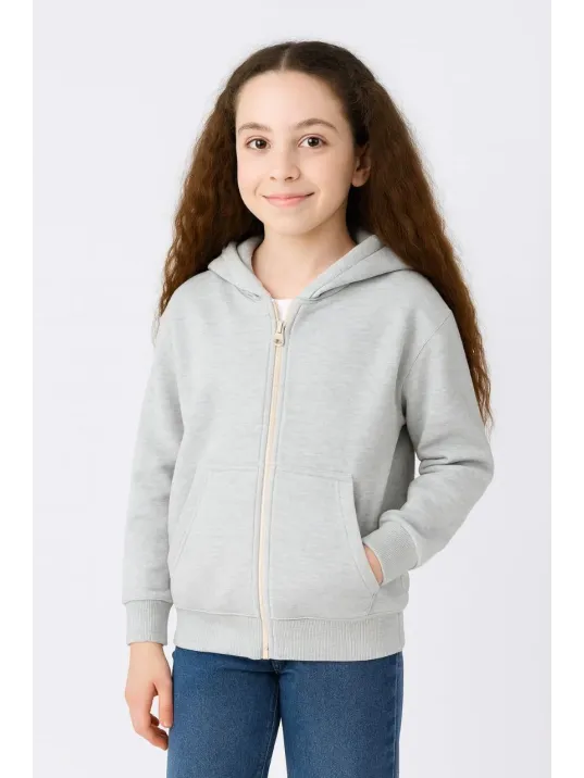Kız Çocuk Kapüşonlu Kanguru Çepli Tam Fermuarlı Hırka SweatShirt - Gri