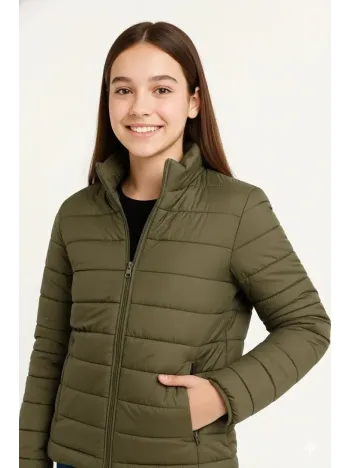 Kız Çocuk Şişme Mont Hafif Ve Sıcak Tutucu Kışlık Fermuarlı Su İtici Rahat Günlük Mont Kapüşonuz Modern Tasarım - Haki