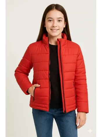 Kız Çocuk Şişme Mont Hafif Ve Sıcak Tutucu Kışlık Fermuarlı Su İtici Rahat Günlük Mont Kapüşonuz Modern Tasarım - Kırmızı