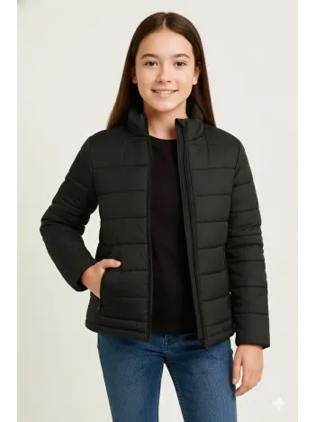 Kız Çocuk Şişme Mont Hafif Ve Sıcak Tutucu Kışlık Fermuarlı Su İtici Rahat Günlük Mont Kapüşonuz Modern Tasarım - Siyah