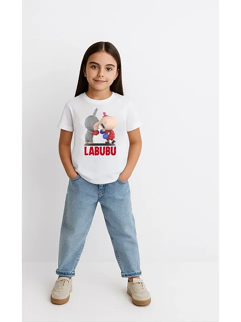 Kız Labubu Çocuk Baskılı T-shirt - Beyaz