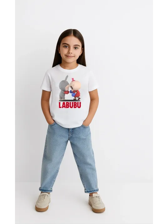 Kız Labubu Çocuk Baskılı T-shirt - Beyaz