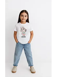 Kız Labubu Çocuk Baskılı T-shirt - Beyaz