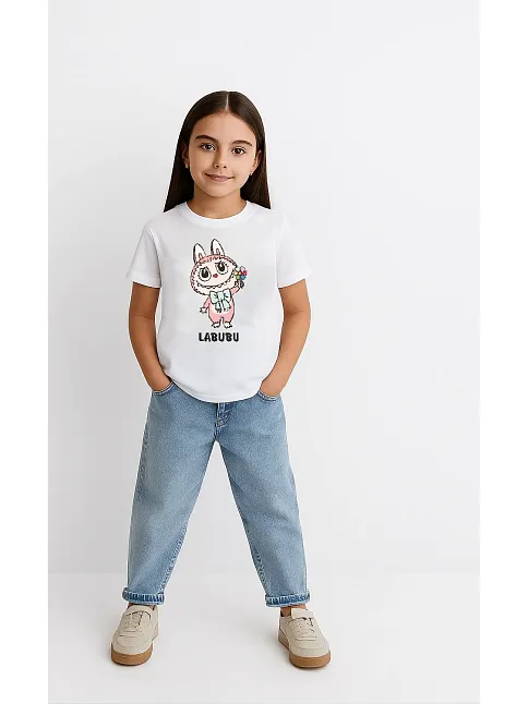 Kız Labubu Çocuk Baskılı T-shirt - Beyaz