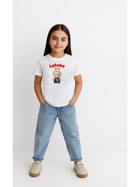 Kız Labubu Çocuk Baskılı T-shirt - Beyaz