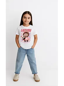 Kız Labubu Çocuk Baskılı T-shirt - Beyaz