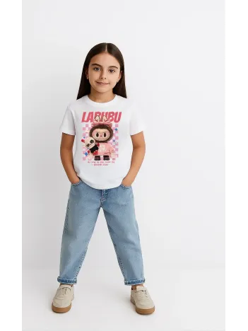 Kız Labubu Çocuk Baskılı T-shirt - Beyaz