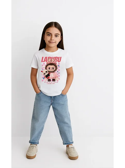 Kız Labubu Çocuk Baskılı T-shirt - Beyaz