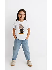 Kız Labubu Çocuk Baskılı T-shirt - Beyaz
