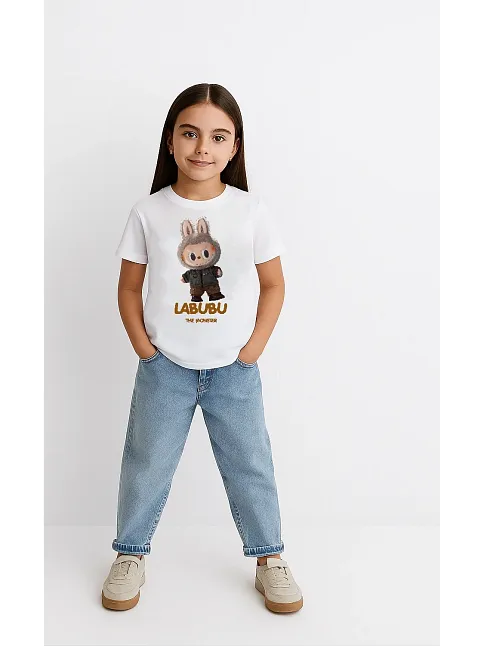 Kız Labubu Çocuk Baskılı T-shirt - Beyaz