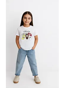 Kız Labubu Çocuk Baskılı T-shirt - Beyaz