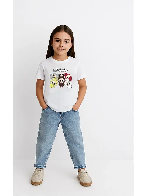 Kız Labubu Çocuk Baskılı T-shirt - Beyaz
