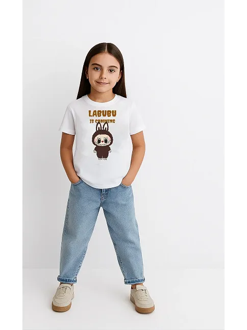Kız Labubu Çocuk Baskılı T-shirt - Beyaz