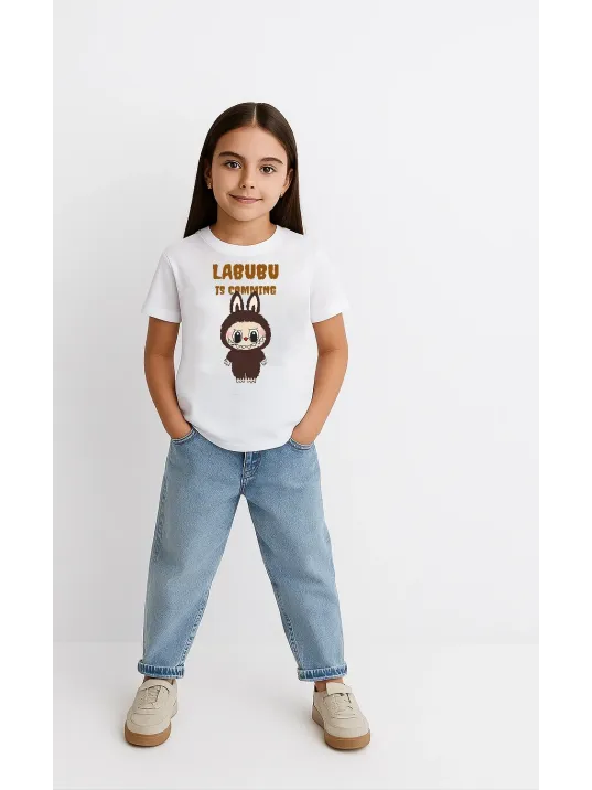 Kız Labubu Çocuk Baskılı T-shirt - Beyaz