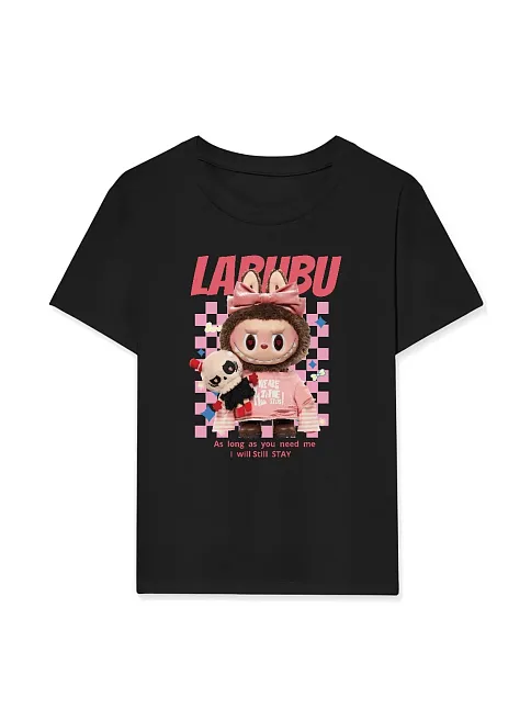 Kız Labubu Çocuk Baskılı T-shirt - Siyah