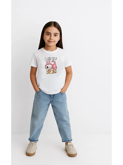Kız Labubu Çocuk Baskılı T-shirt - Beyaz