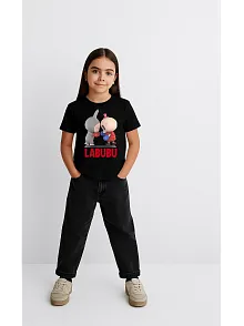Kız Labubu Çocuk Baskılı T-shirt - Siyah