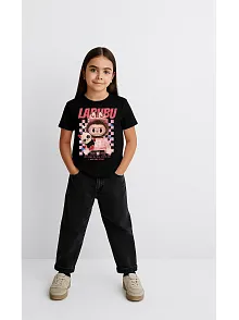Kız Labubu Çocuk Baskılı T-shirt - Siyah