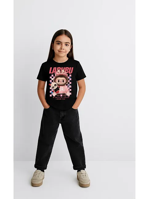 Kız Labubu Çocuk Baskılı T-shirt - Siyah