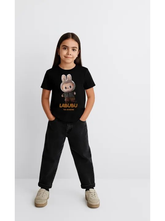 Kız Labubu Çocuk Baskılı T-Shirt - Siyah Kız Labubu Çocuk Baskılı T-Shirt - Siyah