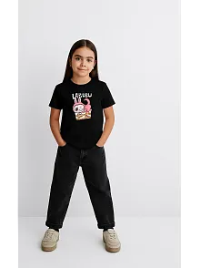 Kız Labubu Çocuk Baskılı T-shirt - Siyah