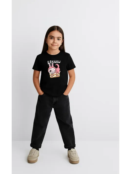 Kız Labubu Çocuk Baskılı T-Shirt - Siyah Kız Labubu Çocuk Baskılı T-Shirt - Siyah
