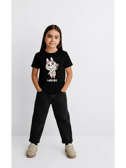 Kız Labubu Çocuk Baskılı T-shirt - Siyah