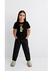Kız Labubu Çocuk Baskılı T-shirt - Siyah