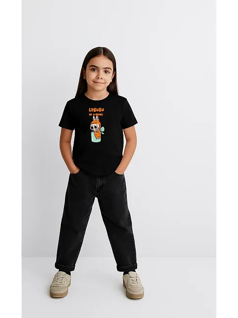 Kız Labubu Çocuk Baskılı T-shirt - Siyah