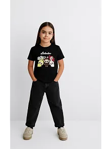 Kız Labubu Çocuk Baskılı T-shirt - Siyah