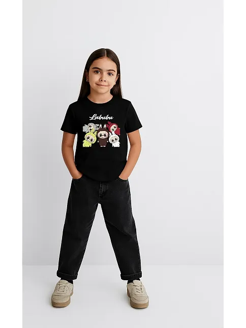 Kız Labubu Çocuk Baskılı T-shirt - Siyah