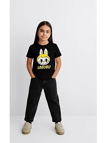 Kız Labubu Çocuk Baskılı T-shirt - Siyah