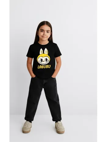 Kız Labubu Çocuk Baskılı T-Shirt - Siyah Kız Labubu Çocuk Baskılı T-Shirt - Siyah