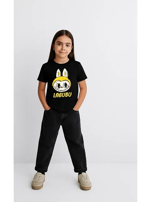 Kız Labubu Çocuk Baskılı T-shirt - Siyah