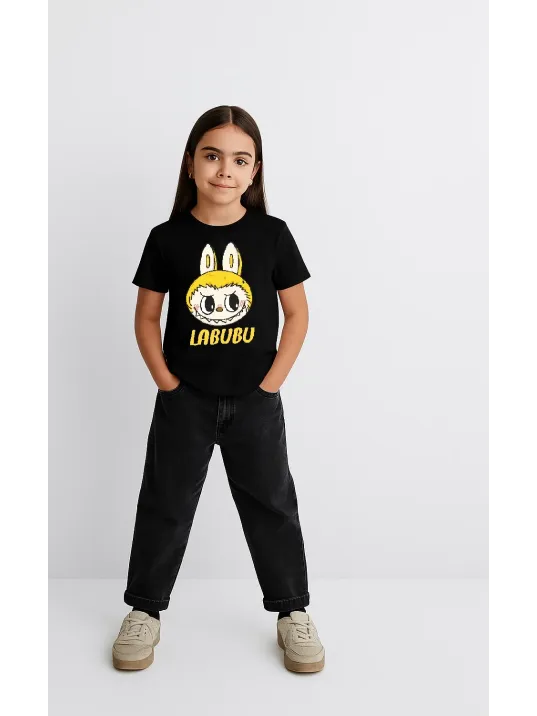 Kız Labubu Çocuk Baskılı T-Shirt - Siyah Kız Labubu Çocuk Baskılı T-Shirt - Siyah