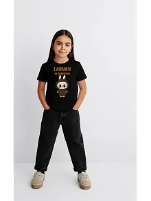 Kız Labubu Çocuk Baskılı T-shirt - Siyah