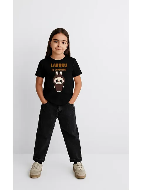 Kız Labubu Çocuk Baskılı T-shirt - Siyah