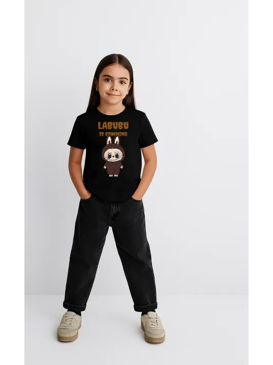 Kız Labubu Çocuk Baskılı T-Shirt - Siyah