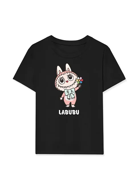 Kız Labubu Çocuk Baskılı T-shirt - Siyah