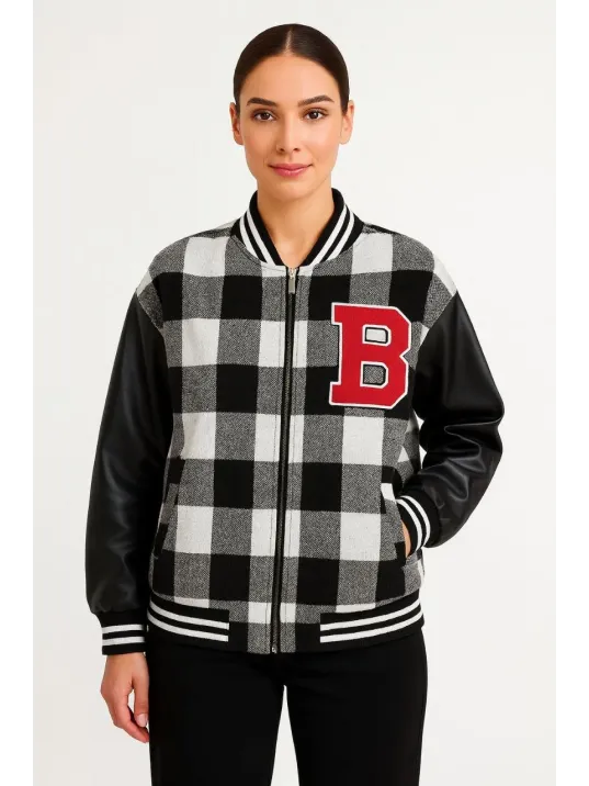 Kadın Kolej Ceket – Kareli Oduncu Kumaş, Kolları Suni Deri, Fermuarlı, İçi Kapitone Astarlı, Nakışlı Oversize Bahar & Kış Stil - Gri Kadın Kolej Ceket – Kareli Oduncu Kumaş, Kolları Suni Deri, Fermuarlı, İçi Kapitone Astarlı, Nakışlı Oversize Bahar & Kış Stil - Gri