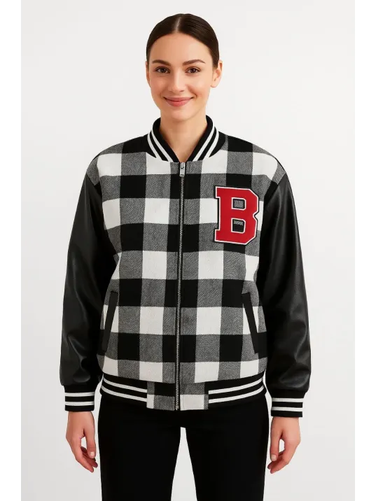 Kadın Kolej Ceket – Kareli Oduncu Kumaş, Kolları Suni Deri, Fermuarlı, İçi Kapitone Astarlı, Nakışlı Oversize Bahar & Kış Stil - Gri Kadın Kolej Ceket – Kareli Oduncu Kumaş, Kolları Suni Deri, Fermuarlı, İçi Kapitone Astarlı, Nakışlı Oversize Bahar & Kış Stil - Gri